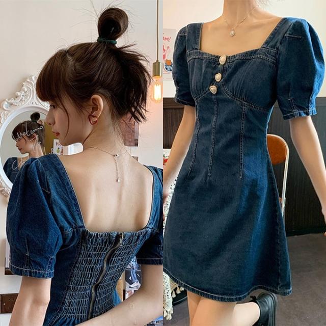 デニム ワンピース レディース 韓国 ファッション レディース デニム ミニワンピース 夏服 レディース 半袖 パフスリーブ パール ハートの通販はau Pay マーケット Vestito