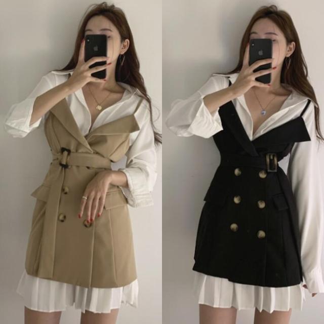 レイヤード ワンピース 春服 レディース シャツワンピース トレンチ風 ウエストマーク ワンピ 韓国 ファッション レディース 2ピース セの通販はau Pay マーケット Vestito