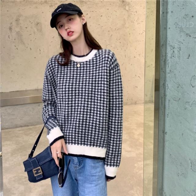 チェック ニット トップス レディース セーター 韓国 ファッション 秋冬 レディース ギンガムチェック ニット クルーネック おしゃれ チの通販はau Pay マーケット Vestito