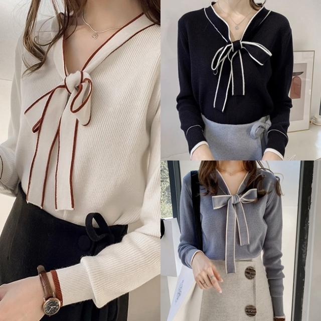 ニット リボン 春トップス レディース 韓国 ファッション オフィスカジュアル ボウタイ パイピング リブニット トップス Vネック リボン の通販はau Pay マーケット Vestito