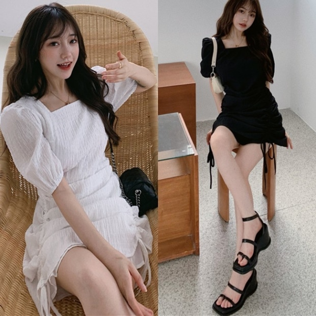 シャーリングワンピース 韓国 ファッション レディース 半袖 ミニワンピース かわいい 春夏 白 黒 ミニワンピ 丈調節 サイドリボン スクの通販はau Pay マーケット Vestito