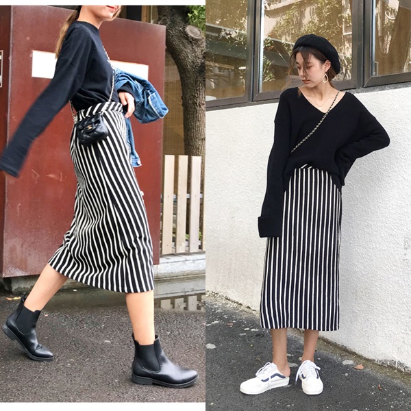 ストライプ スカート ミモレ丈 ペンシル タイト スカート スリム ストレッチ ストライプ柄 ハイウエスト モノトーン 春 夏新作 レディーの通販はau Wowma Vestito