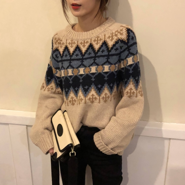 ノルディック柄 セーター レディース 幾何学 ネイティブ 柄 オーバーサイズ ニット トップス クルーネック リブ袖 の通販はau Pay マーケット Vestito