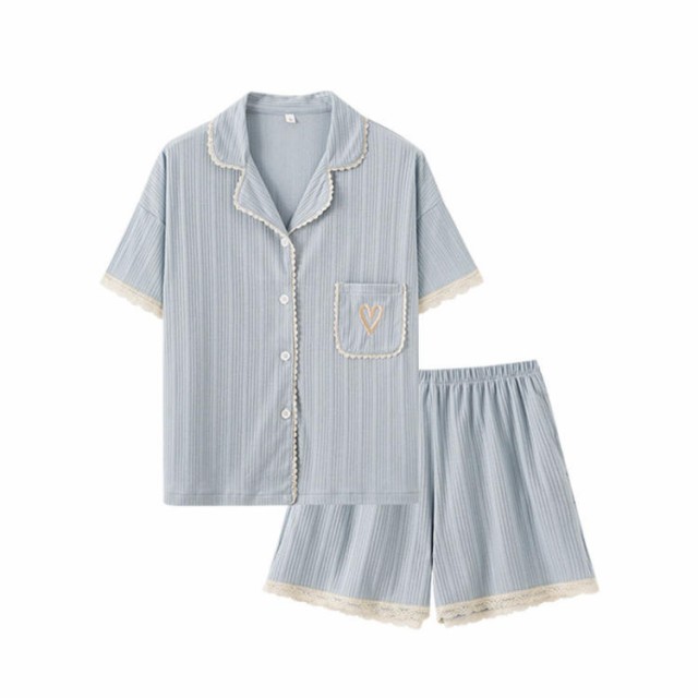 [WOJIAN]部屋着 寝巻き パジャマ 家着 セットアップ レディース 春夏 前開き ルームウェア 綿 姫系 レース裾 半袖 2点セット 短パン ショートパンツ ゆったり 学生 大人可愛い プレゼント お泊まり会 パジャマパーティ 修学旅行 JITIFA