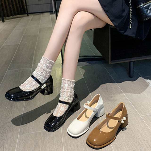 パンプス ストラップ 太ヒール チャンキー レディース フォーマルシューズ スクエアトゥ 美脚 脱げない 走れる 安定感 歩きやすい 低反発 パーティ オフィス 夏 サンダル 大きいサイズ パール 春 エレガント 華やか つま先あり JITIFAの通販は