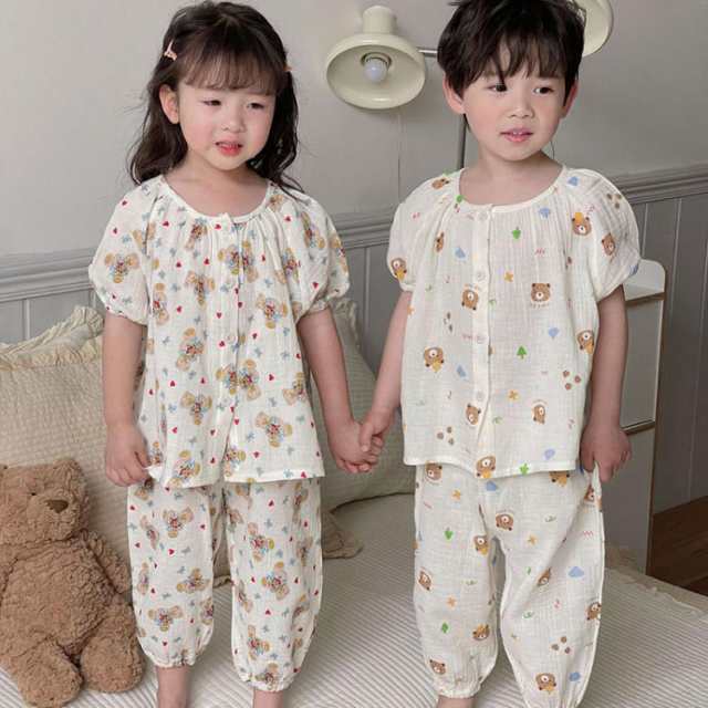 子供服 パジャマ 男の子 女の子 半袖 上下セット 2点 部屋着 普段着 ガーゼ 綿 ガールズ 可愛い 夏 ルームウェア 前開き 寝巻き 80 90 100 110 120 130 140 キッズ 綿100％ 二重ガーゼ 肌に優しい ハーフパンツ JITIFAの通販は