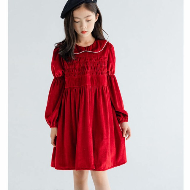 子供服 長袖ワンピース 子供 女の子 ワンピース 長袖 キッズ ナチュラル ガーリー シック ロリータ クルーネック ひざ丈 ベロア Aライン ネイビー 赤 ファスナー セレモニー 結婚式 フォーマル かわいい ベロアドレス 子供 春秋 JITIFAの通販は