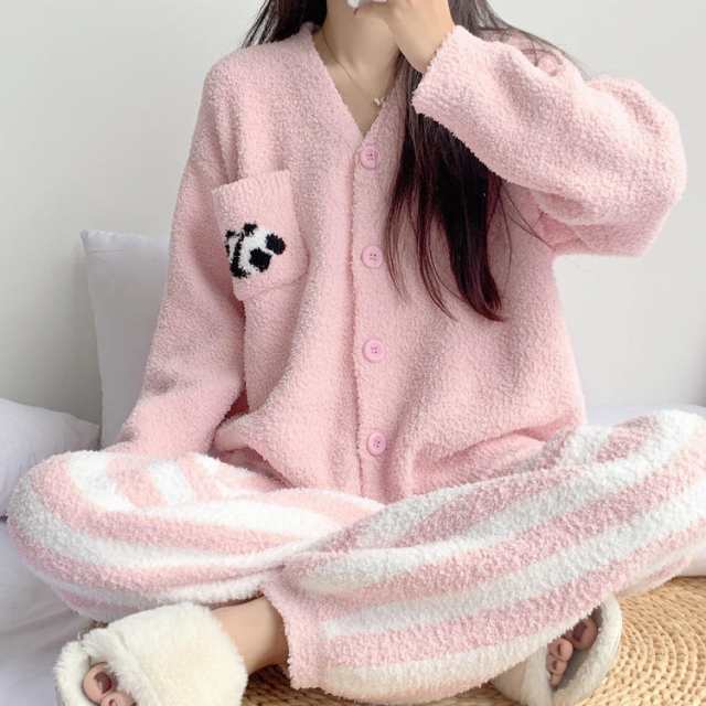 レディース あったか ルームウェア 上下セット 可愛い もこもこパジャマ ふわふわ 着る毛布 暖かい 部屋着 前開き 秋冬用 長袖 ロングパンツ 便利服 入院パジャマ 大人 女の子 パンダ柄 萌え 可愛い おうち時間 旅行 JITIFA