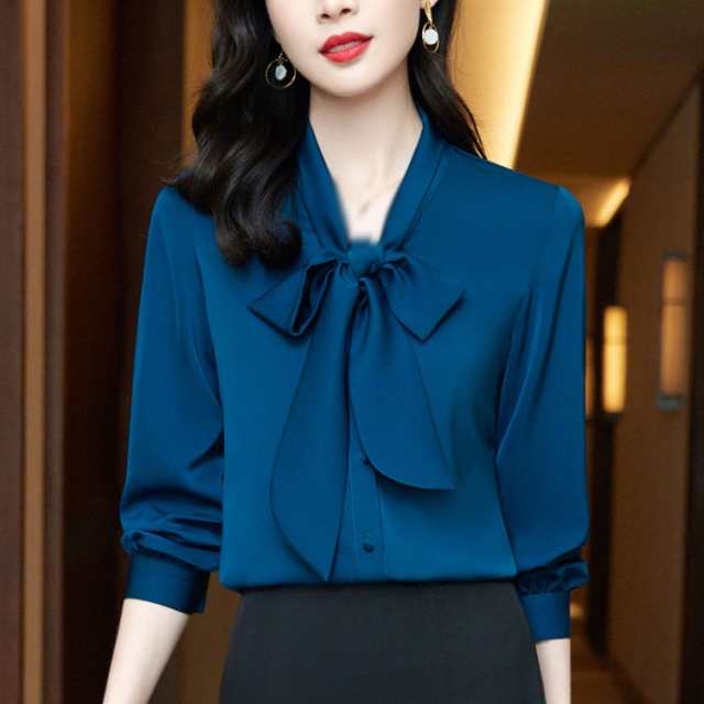シャツ ブラウス レディース シフォン リボンタイ 長袖 Vネック 開襟 ビジネス カジュアル ワイシャツ 女性 無地 ボウタイ カットソー プルオーバー ロングスリーブ 通勤 フォーマル お出掛け 上品 きれいめ 白しゃつ JITIFAの通販は