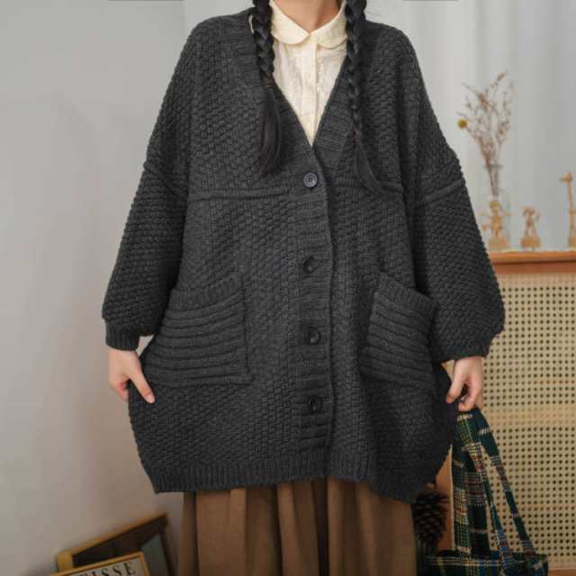 無地 ニットコート ロング カーデガン コーディガン レディース レトロ 森ガール 上品なロング丈 長袖 Vネック 女性カーディガンコート 大きめのポケット付き 大人キレイめ トップス ショッピング お出掛け JITIFAの通販は