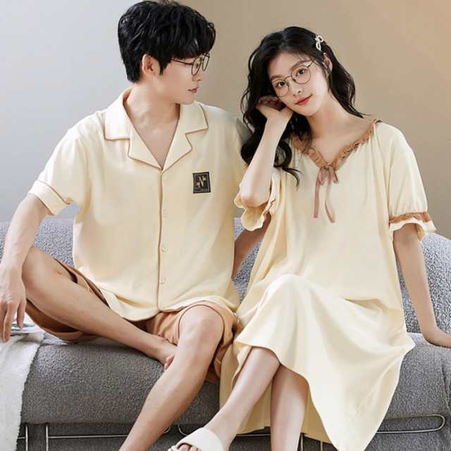 ペアパジャマ カップル ペア ルームウェア 上下 セット ネグリジェ 結婚祝い 部屋着 春 夏 レディース メンズ 半袖 綿 パジャマ ペア カップル ナイトウェア 前開き リボン お揃い プレゼント 可愛い 贈り物 大きいサイズ 寝間着 寝巻き JITIFAの通販は 5,991円