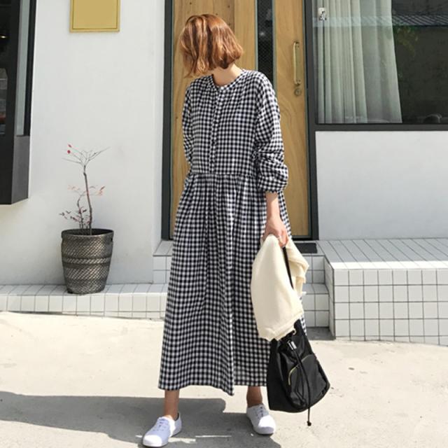 ワンピース ロング ロング丈 マキシ マキシ丈 袖あり 長袖 ボリューム袖 ラウンドネック Aライン 綿 ポリエステル かわいい 大人可愛い カジュアル おしゃれ 大人可愛い メンズライク ラブリー キュート ガーリー チェック柄 夏 誕生日 10代 20代 レディース 女の子 学生 通学の通販は