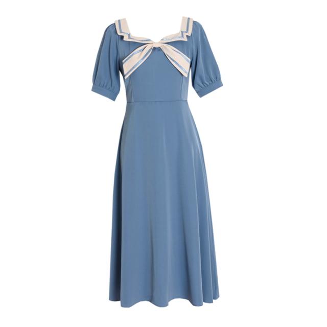 ワンピース ロングワンピース 膝下 ミモレ ミモレ丈 袖あり 半袖 スクエアネック Aライン リボン セーラー ポリエステル かわいい 大人可愛い きれいめ シンプル カジュアル 大人 上品 おしゃれ お洒落 レトロ 大人女子 こなれ感 ラフ ラブリー キュート ガーリー ルーズの通販は