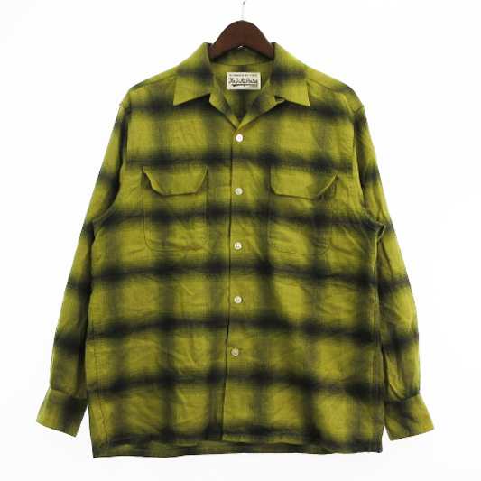 【中古】ワコマリア WACKO MARIA 良品 シャツ 長袖 オープンカラー オンブレチェック レーヨン オリーブ グリーン系 S|au PAY マーケット