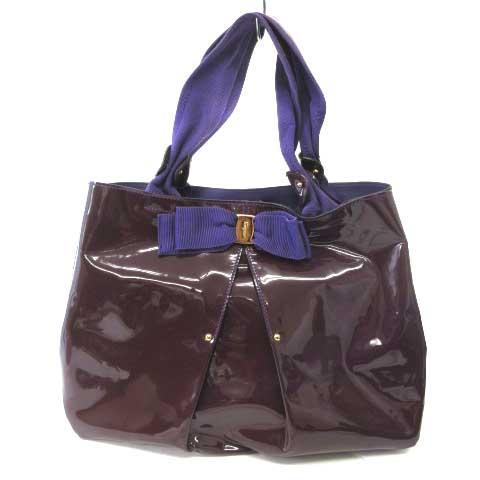 【中古】サルヴァトーレフェラガモ Salvatore Ferragamo ハンドバッグ トートバッグ パテント ヴァラ リボン パープル 紫  レディースの通販は