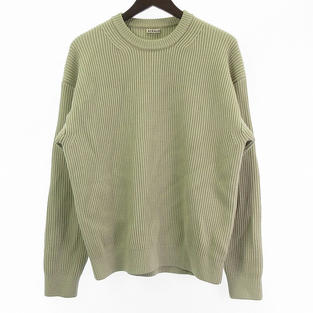 【中古】オーラリー AURALEE 美品 19AW SUPER FINE WOOL RIB KNIT BIG P O セーター ニット 緑系 グリーン 3 約S メンズの通販は