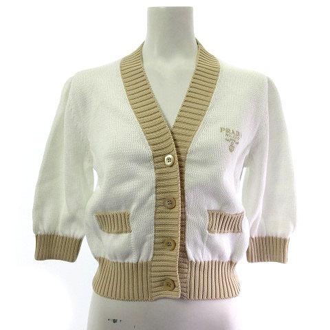 【中古】プラダ PRADA 23年 クロップド ニット カーディガン 5分袖 エンブロイダリー ホワイト ベージュ 36 P25104 S211 1Z05 レディースの通販は