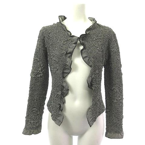 【中古】シャネル CHANEL P23141V12110 カーディガン 長袖 フリル カメリア チェック 黒 ブラック 38  レディース