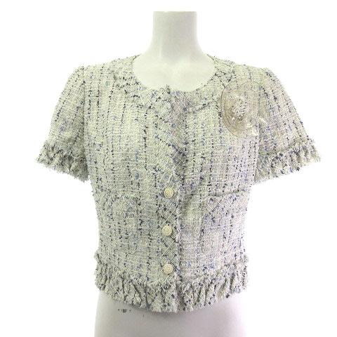 【中古】ルネ Rene ノーカラー ツイードジャケット 半袖 アイボリー ブルー 36  レディース