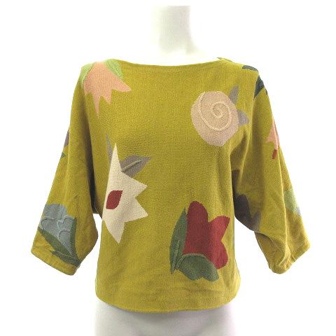 【中古】シビラ SYBILLA 25AW フラワーインターシャクロップドプルオーバー ニットソー 7分袖 マスタード M レディース