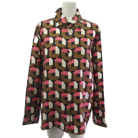 【中古】プラダ PRADA Holliday＆Brown シャツ ブラウス 総柄 長袖 シルク100％ ブラウン ピンク ブラック 44 ☆AA★ レディース