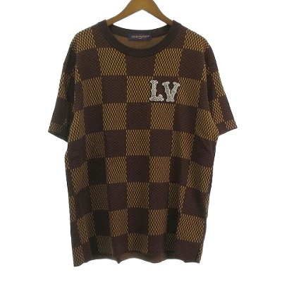 【中古】ルイヴィトン LOUIS VUITTON 美品 24SS ショートスリーブ ダミエ LVパッチ ニット Tシャツ ブラウン L