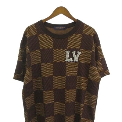 【中古】ルイヴィトン LOUIS VUITTON 美品 24SS ショートスリーブ ダミエ LVパッチ ニット Tシャツ ブラウン L
