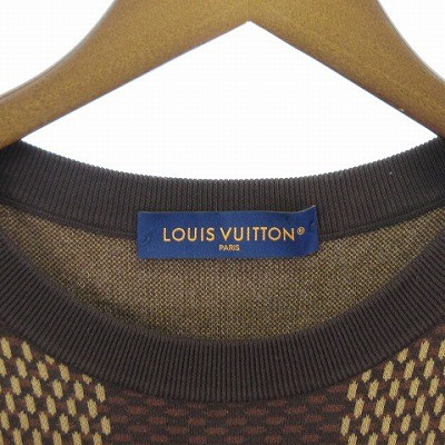 【中古】ルイヴィトン LOUIS VUITTON 美品 24SS ショートスリーブ ダミエ LVパッチ ニット Tシャツ ブラウン L