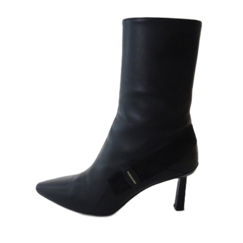 【中古】サルヴァトーレフェラガモ ブーツ ミドル レザー ポインテッドトゥー ブラック 黒 7.5 24.5cm 0763403