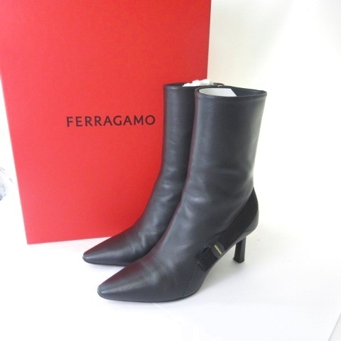 【中古】サルヴァトーレフェラガモ ブーツ ミドル レザー ポインテッドトゥー ブラック 黒 7.5 24.5cm 0763403