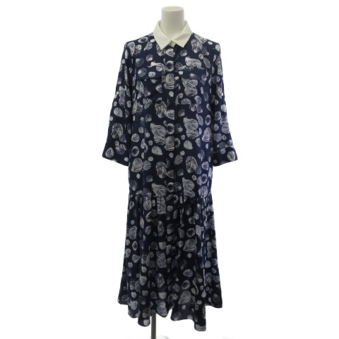 【中古】未使用品 グレースクラス GRACE Class シェルモチーフシャツワンピース ロング 7分袖 ネイビー 36 0223231023 レディース
