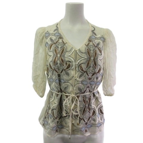 【中古】グレースクラス GRACE Class パフスリーブ刺繍ブラウス シャツ 半袖 シアー アイボリー 36 0121241047 レディース