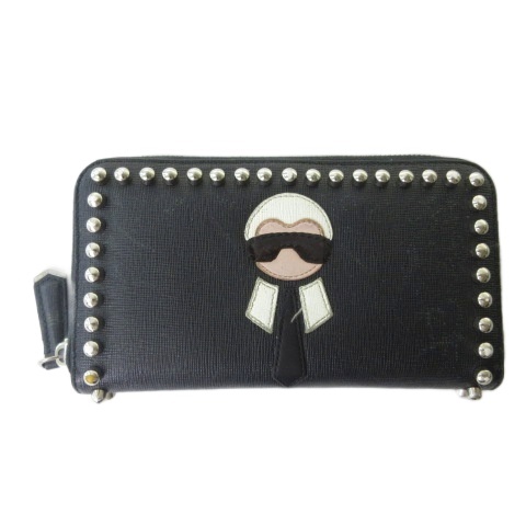 フェンディ 長財布 スタッズ ラウンドファスナー レザー 8M0299 グレー 中古】フェンディ FENDI 8M0299 カールラガーフェルド スタッズ 長財布