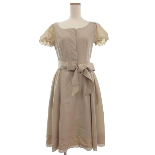 【中古】フォクシーニューヨーク ワンピース パフスリーブ 半袖 フレア ひざ丈 24075-SPSAN206 リボン 40 ベージュ