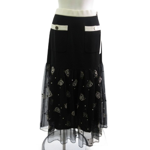 【中古】未使用品 グレースクラス タグ付き スカート フラワードットembスカート チュールレース ブラック 黒 36