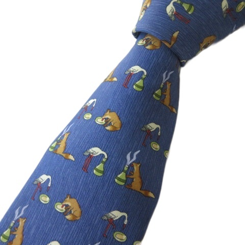 【中古】エルメス HERMES 美品 7786FA ネクタイ シルク100 キツネ柄 ネイビー 紺  メンズ