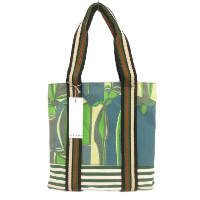 【中古】マルニ MARNI トートバッグ キャンバス 総柄 縦型 緑系 イタリア製 レディース