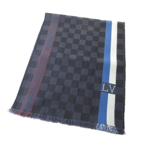 【中古】ルイヴィトン LOUIS VUITTON M70339 エシャルプ･メサジェ ダミエ マフラー ウール フリンジ グレー  メンズ