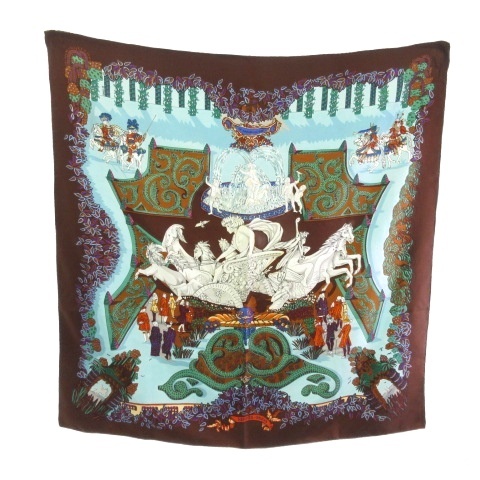 【中古】エルメス HERMES カレ90 王の楽園 LE PARADIS DU ROY シルク100 ブラウン ブルー レディース