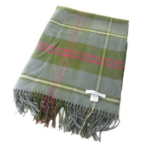 【中古】ジョンストンズオブエルガン Johnstons of Elgin カシミヤ100 マフラー ショール チェック フリンジ グリーン 緑 レディース