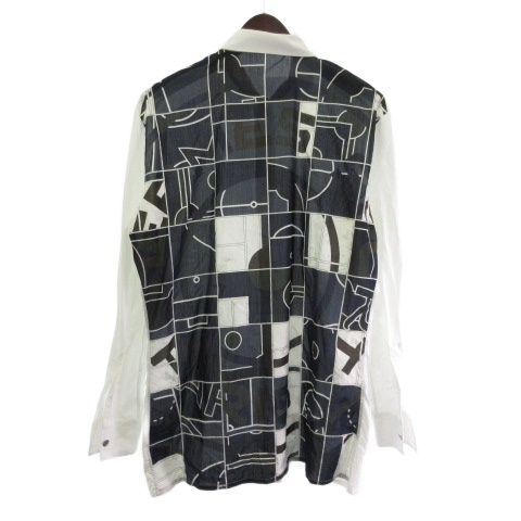 【中古】エルメス HERMES バックプリント シャツ セリエ ボタン ホワイト ネイビー 40