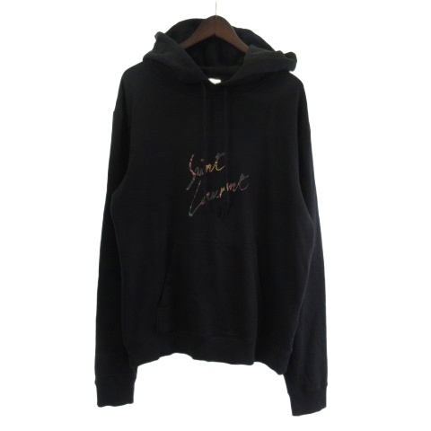 【中古】サンローラン パリ ロゴプリント プルオーバー パーカー フーディ L 黒 ブラック 60TZ 561169 YB2ZW  メンズ