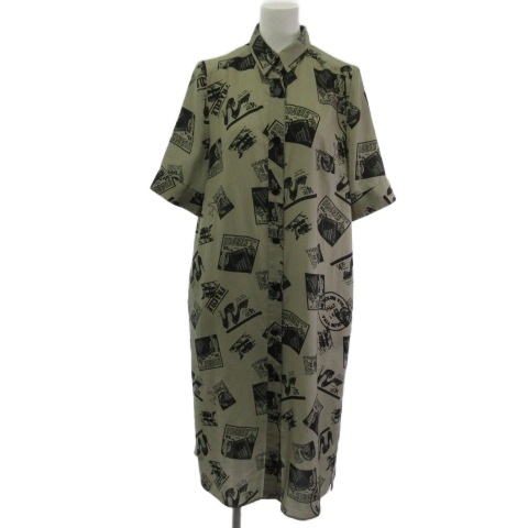 【中古】未使用品 グレースクラス GRACE Class フォトプリントシャツドレス ワンピース ロング 総柄 半袖 ベージュ 36  レディース