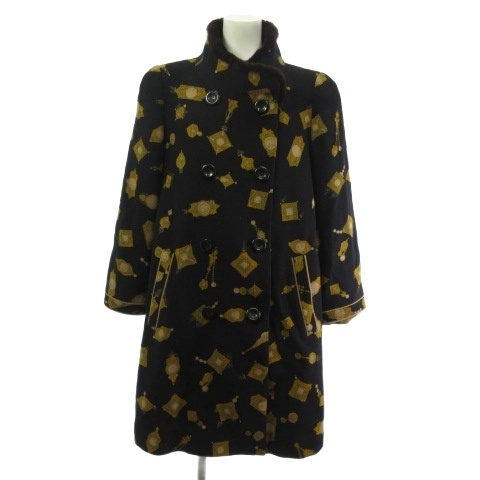 【中古】レオナール LEONARD FASHION ファッション コート ウール カシミヤ 総柄 ミンクファー ブラック 黒 11AR レディース