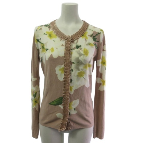 美品 ブルマリン 花柄 シルクカシミヤ ニットカーディガン 40 高級 中古】ブルマリン Blumarine カーディガン 花柄 長袖 フリル シルク使