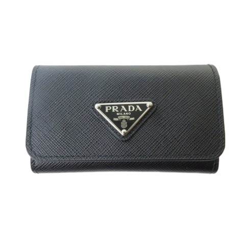 【中古】プラダ PRADA 1PG004 サフィアーノレザートライアングル キーケース キーリング 4連 マルチカラーブラック 黒  メンズ