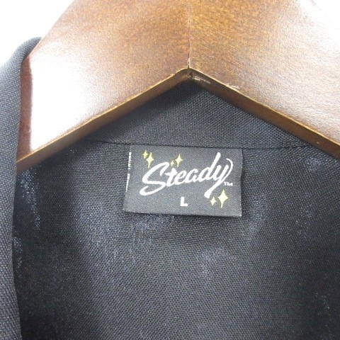 【中古】ステディ Steady USA製 オープンカラーシャツ 半袖 ベロア 切替 レオパード ヒョウ柄 ブラック 黒 L ■GY28 メンズ_2