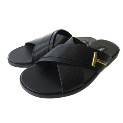 【中古】トムフォード TOM FORD 美品 Leather Preston Slides サンダル シューズ 黒 ブラック 10 29cm メンズ