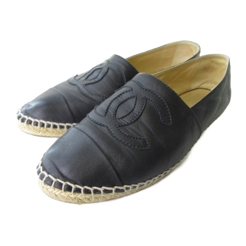 【中古】シャネル CHANEL エスパドリーユ スリッポンシューズ ラムスキン ココマーク 黒 ブラック 38 25cm ☆AA★ レディース