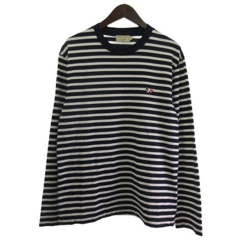 【中古】メゾンキツネ MAISON KITSUNE Tシャツ カットソー トリコロール ワンポイント 長袖 ボーダー ネイビー ホワイト M  メンズ